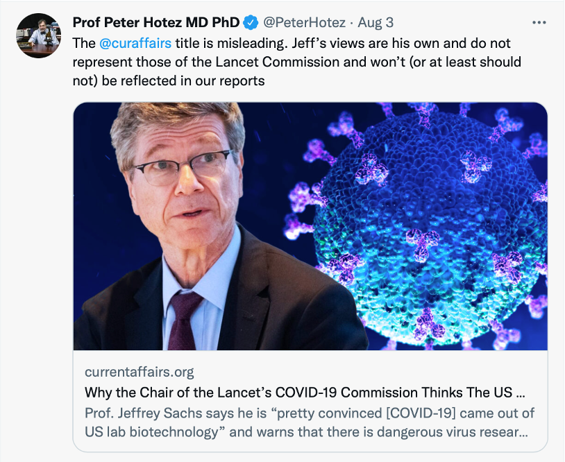0rf's tweet photo. “Whenever I discussed the possibility that SARS-CoV-2 was a laboratory release, Hotez strongly rejected that possibility, but never explained to me or to the Lancet Commission that he actually had a grant that was based on that very kind of risk. He should certainly have been clear on that,” said Sachs. -@USRightToKnow https://t.co/krP72EMVDv