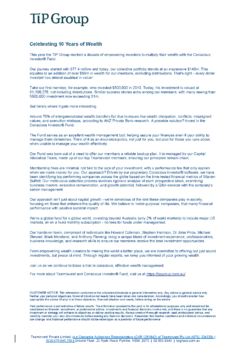Celebrating 10 Years of Empowering Wealth!

TIP Group proudly commemorates a decade of empowering investors to multiply their wealth with the Conscious Investor® Fund.

#wealth #WealthManagement #Software #invest #investment #softwaredevelopment #tipgroup