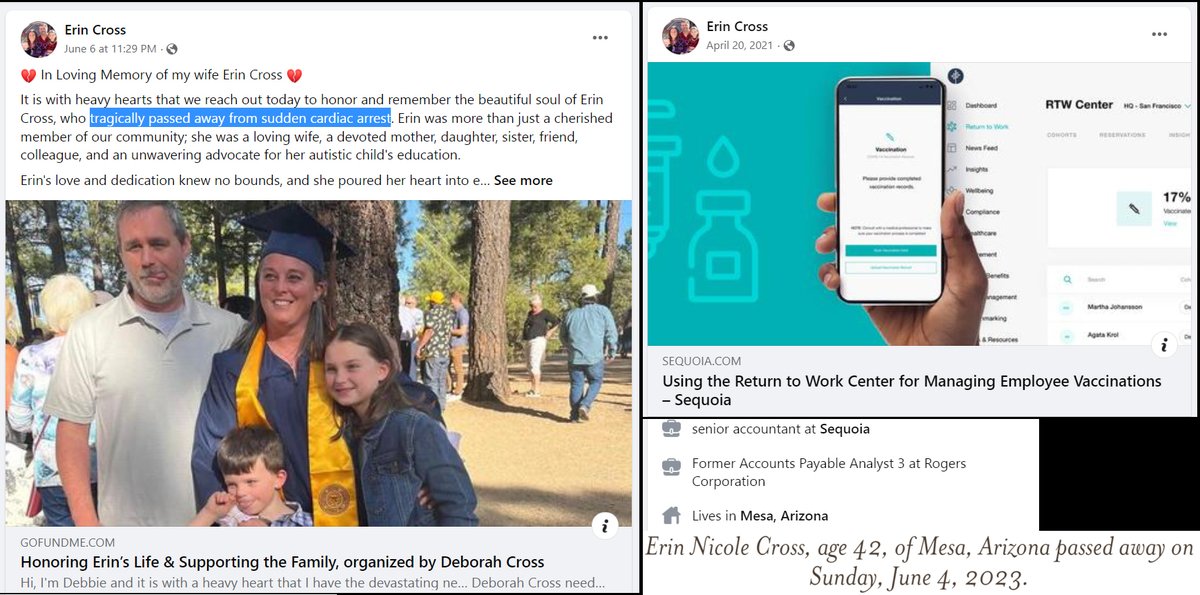 Mesa, AZ - 42 yo Erin Cross, an accountant mandated to be COVID-19 mRNA vaccinated by her employer

died suddenly from a cardiac arrest on June 4, 2023.

How many people knew they were choosing between their job and their life, with COVID-19 jabs?

#DiedSuddenly #cdnpoli #ableg