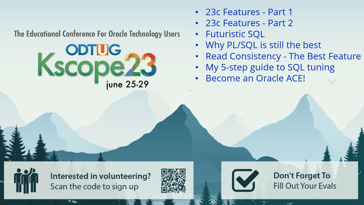 Absolutely thrilled and grateful to be speaking at #Kscope23 next week. I'll be busy with 7😳 sessions, but if you're in town, please don't hesitate to come say Hi. 
kscope.smart4solutions.nl/ords/f?p=100:1