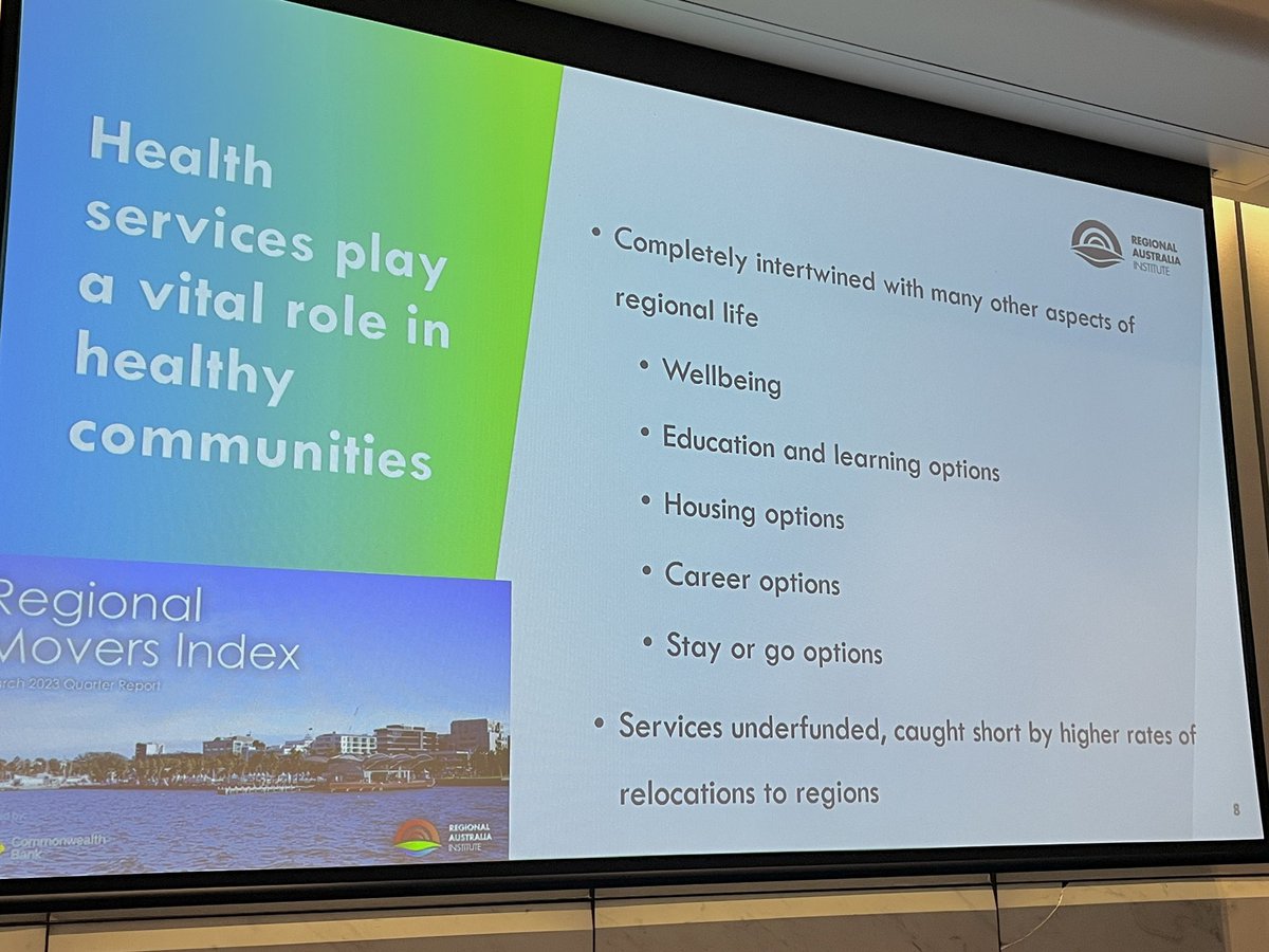 Rural health workforce distribution varies; places with high no.s of Drs in rural Aus tend to be high income, with good housing &good infrastructure. Areas with low Dr no.s don’t have that stuff Thanks Dr Kim Houghton of @RegionalAus at #RuralHealthSymp2023