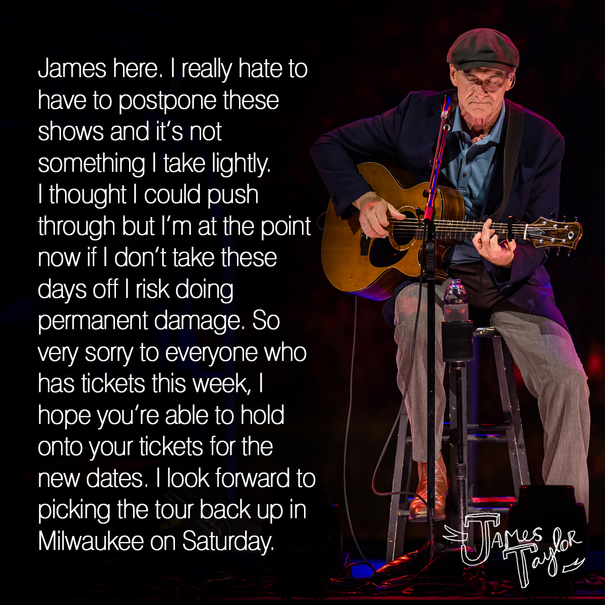 JamesTaylor_com's tweet image. [1/3] We regret to announce that due to a severe case of laryngitis, doctors have put James on strict vocal rest &amp;amp; advised him to reschedule his upcoming performances this week in Huntsville, Cincinnati, and Mt. Pleasant.

Photo: Kyle Hess Photography
#JT #JamesTaylor #2023Tour
