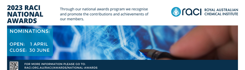 RACI National Award Applications and Nominations Now Open from 1 April until 30 June.

More information: bit.ly/3ZiHBQB 
#OzChem #RACInational