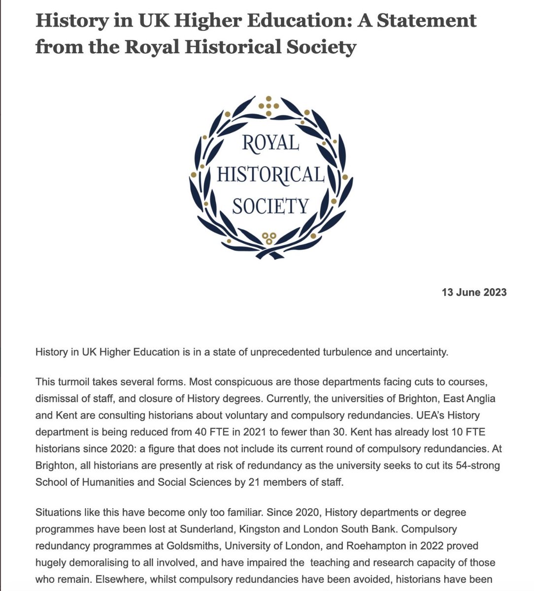 Royal Historical Society (@royalhistsoc) on Twitter photo As we wrote last week bit.ly/3qGTF2J, the structural crisis facing many in UK HE repeatedly and disproportionately hits #History and A&H disciplines.
In current cases like UEA and <a href="/UniKentHistory/">School of History at the University of Kent</a> it makes a mockery of REF achievements lauded by their universities, 2/4 As we wrote last week bit.ly/3qGTF2J, the structural crisis facing many in UK HE repeatedly and disproportionately hits #History and A&H disciplines.
In current cases like UEA and <a href="/UniKentHistory/">School of History at the University of Kent</a> it makes a mockery of REF achievements lauded by their universities, 2/4
