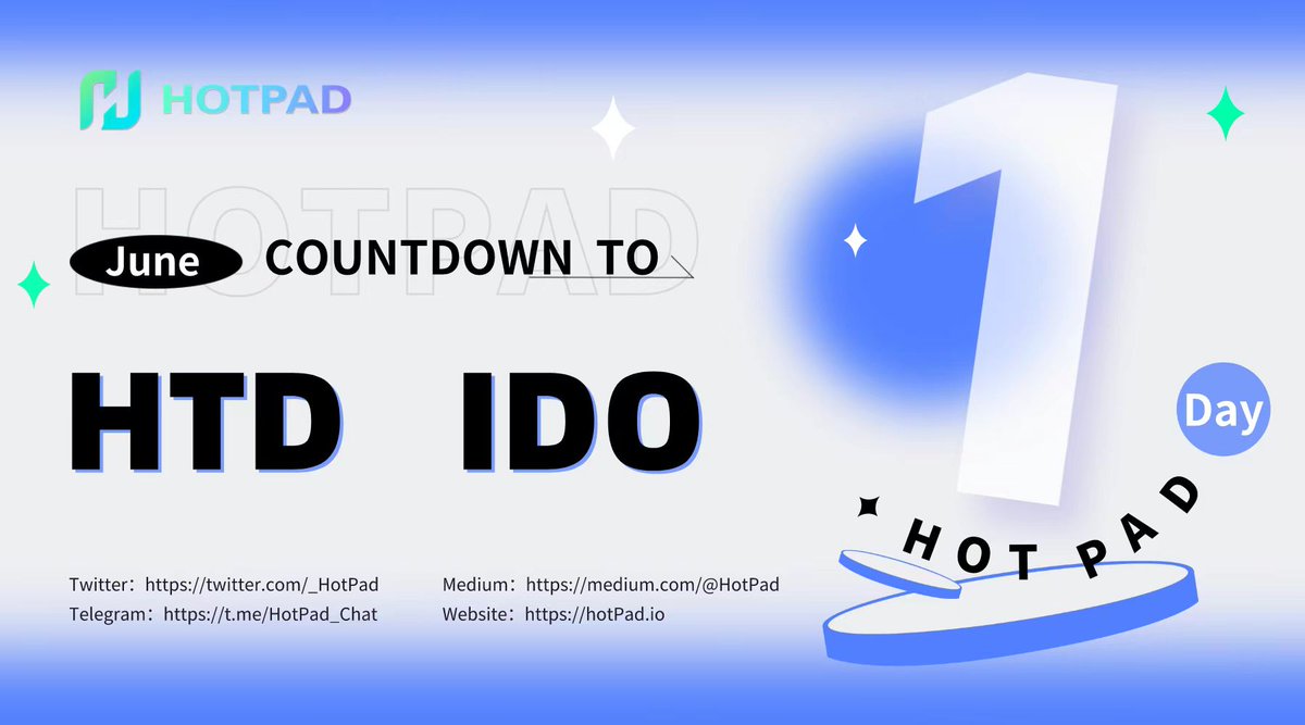#HotPad #IDO -1 days!🚀

Whitelist round: June 21st 12:00 AM - June 22nd 4:00 AM.(UTC+8) 🤩
Public round:June 22nd 12:00 AM - June 23rd 12:00 AM.(UTC+8) 🤩

YES！Get ready for some thrilling moments!🎉