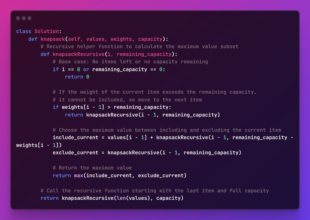 abby_bytes's tweet image. 🧵 Daily Coding Challenge 
📝 Today, I took on a classic algorithmic challenge: the #KnapsackProblem. The goal was to find the max value subset of items within a given weight capacity, without breaking any items.  Let&apos;s dive into the solution! 

#100DaysOfCode