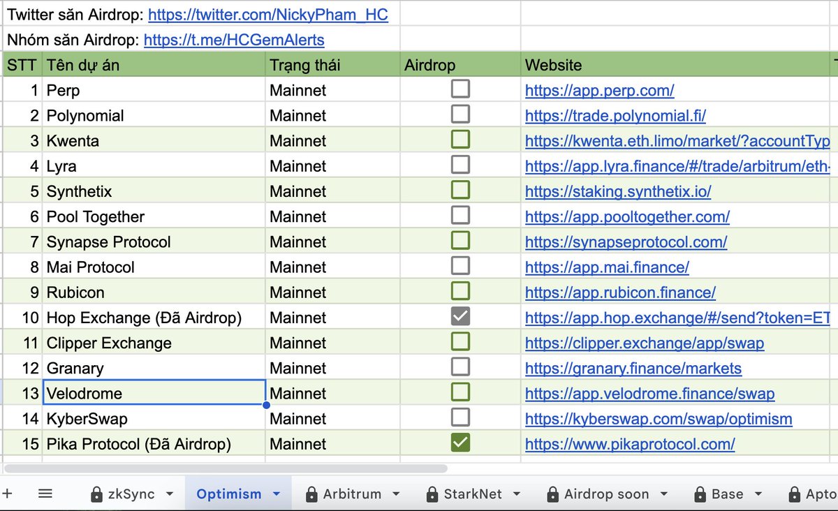 TỔNG HỢP CÁC DỰ ÁN TRÊN HỆ OPTIMISM KHẢ NĂNG SẼ AIRDROP CHO NGƯỜI DÙNG

RETWEET ĐỂ LƯU LẠI NHÉ!

Link sheet: docs.google.com/spreadsheets/d…

Đi skin in the game các dự án trên các hệ hóng đến uptrend có quà đấy, đừng fomo zkSync quá nhoa!

1 Tym để ủng hộ mình nà!