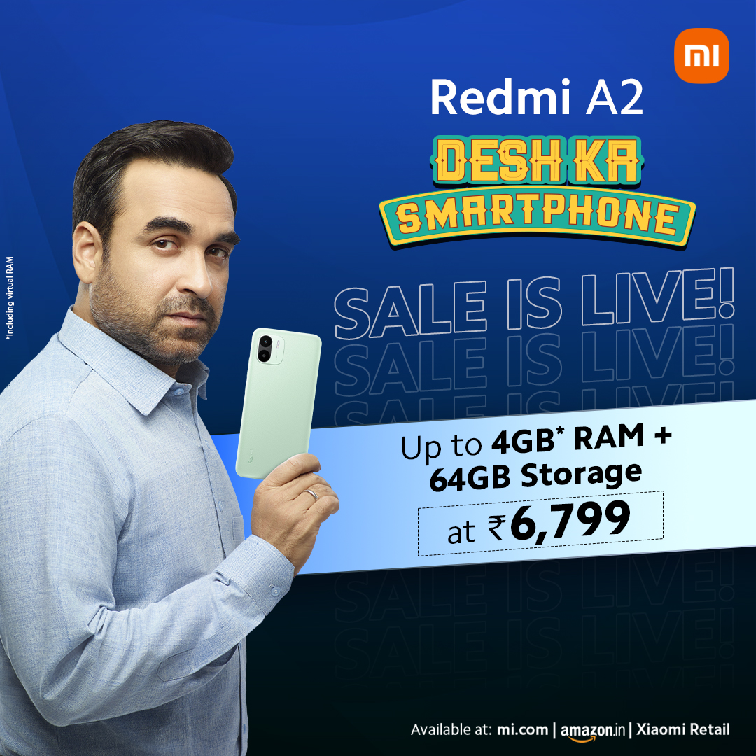 Time to indulge in more storage with #DeshKaSmartphone!

#RedmiA2 2GB + 64GB now on SALE!
Buy it at ₹6,799!
🛒 bit.ly/RedmiA2_New