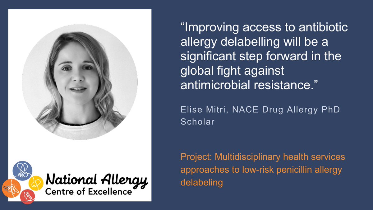 Meet @Elise_Mitri | NACE #DrugAllergy PhD Scholar.

Elise is exploring multidisciplinary health services approaches to low-risk penicillin allergy delabeling. Based at @UniMelb, her supervisor is Prof @TrubianoJason.

📲nace.org.au/research/phd-p…

#WorldAllergyWeek @Austin_Health