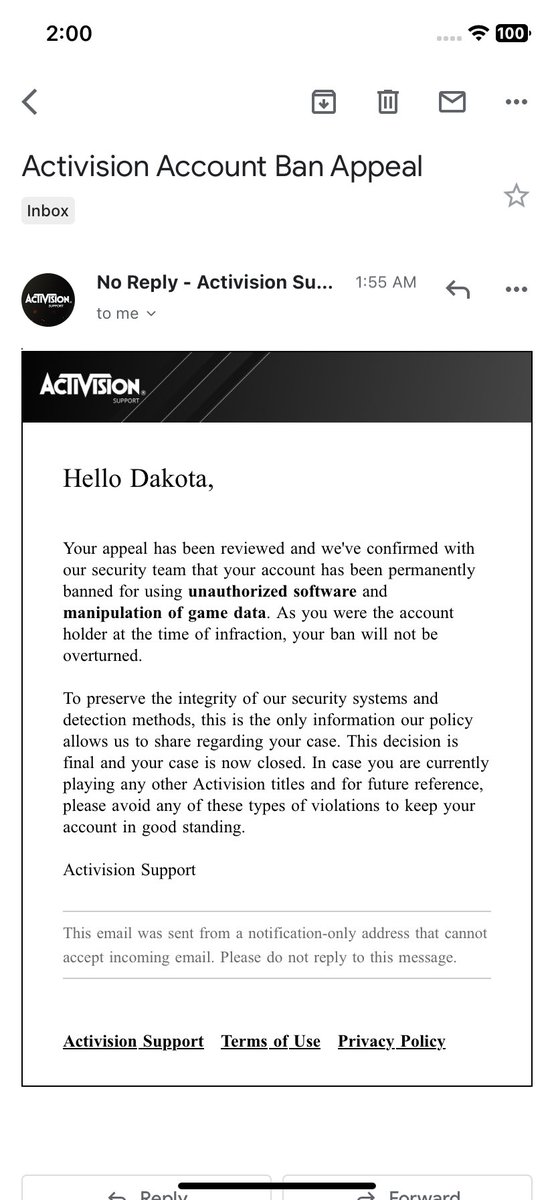@Activision my account is permanently banned just for charging my vape while playing call of duty and using cheats i’ll admit, I am bad at call of duty, but I don’t need to use stupid cheats thank you Activision for giving me a bad gaming experience
