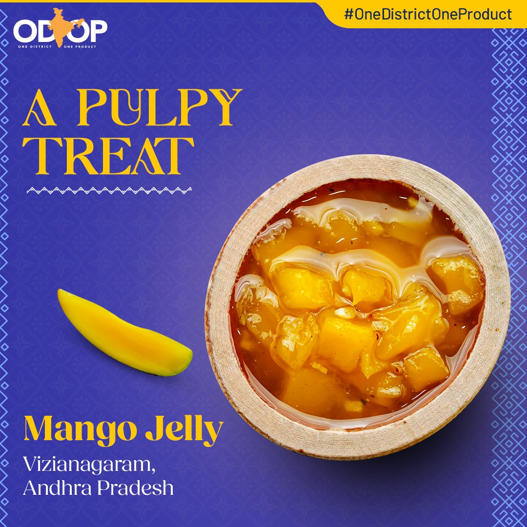 #OneDistrictOneProduct

Mango jelly from the Vizianagaram district is a versatile delicacy enjoyed as a standalone dessert & used in various confectionery creations such as jams & pastries.🥭

Know more bit.ly/II_ODOP

#AndhraPradesh #InvestInAndhraPradesh #ODOP