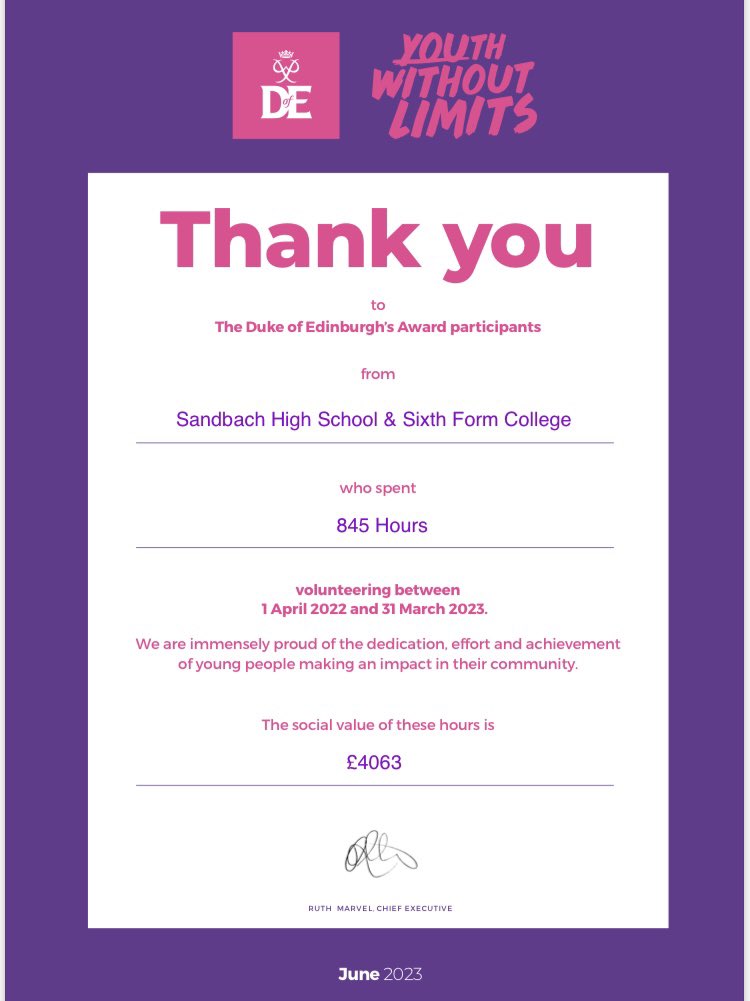 SHSSFC D of E (@sandhighdofe) on Twitter photo What an achievement! Well done to <a href="/sandbachhigh/">Sandbach High School</a> bronze and gold DofE students collectively completing 845 hours of volunteering in the local community in 1 year! What an achievement! Well done to <a href="/sandbachhigh/">Sandbach High School</a> bronze and gold DofE students collectively completing 845 hours of volunteering in the local community in 1 year!
