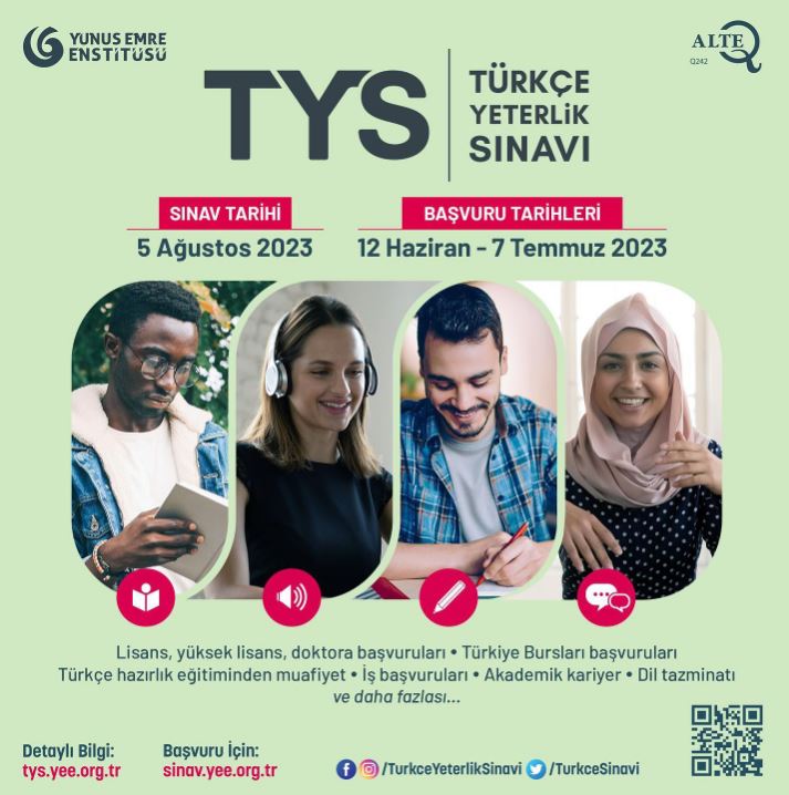 Türkçenin ALTE onayını alan uluslararası geçerliğe sahip ilk ve tek dil sınavı #TürkçeYeterlikSınavı (TYS) başvuruları başladı!

Sınav Tarihi: 5 Ağustos 2023
Başvuru Tarihleri: 12 Haz.-7 Tem.2023
Başvuru İçin: sinav.yee.org.tr
Ayrıntılı Bilgi İçin: tys.yee.org.tr