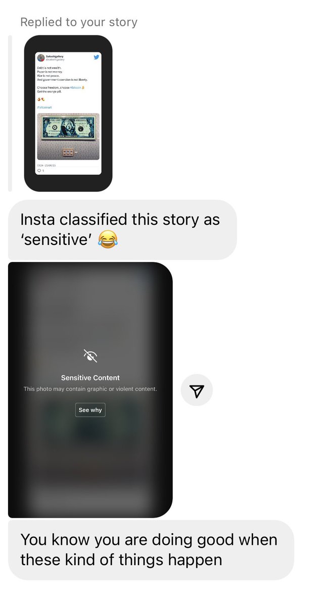 Instagram classified this tweet I made as “sensitive”…
You know you are doing good when these kind of things happen.
Art is a powerful tool! 😎

#bitcoinart
#bitcoin

@elonmusk 
@jordanbpeterson