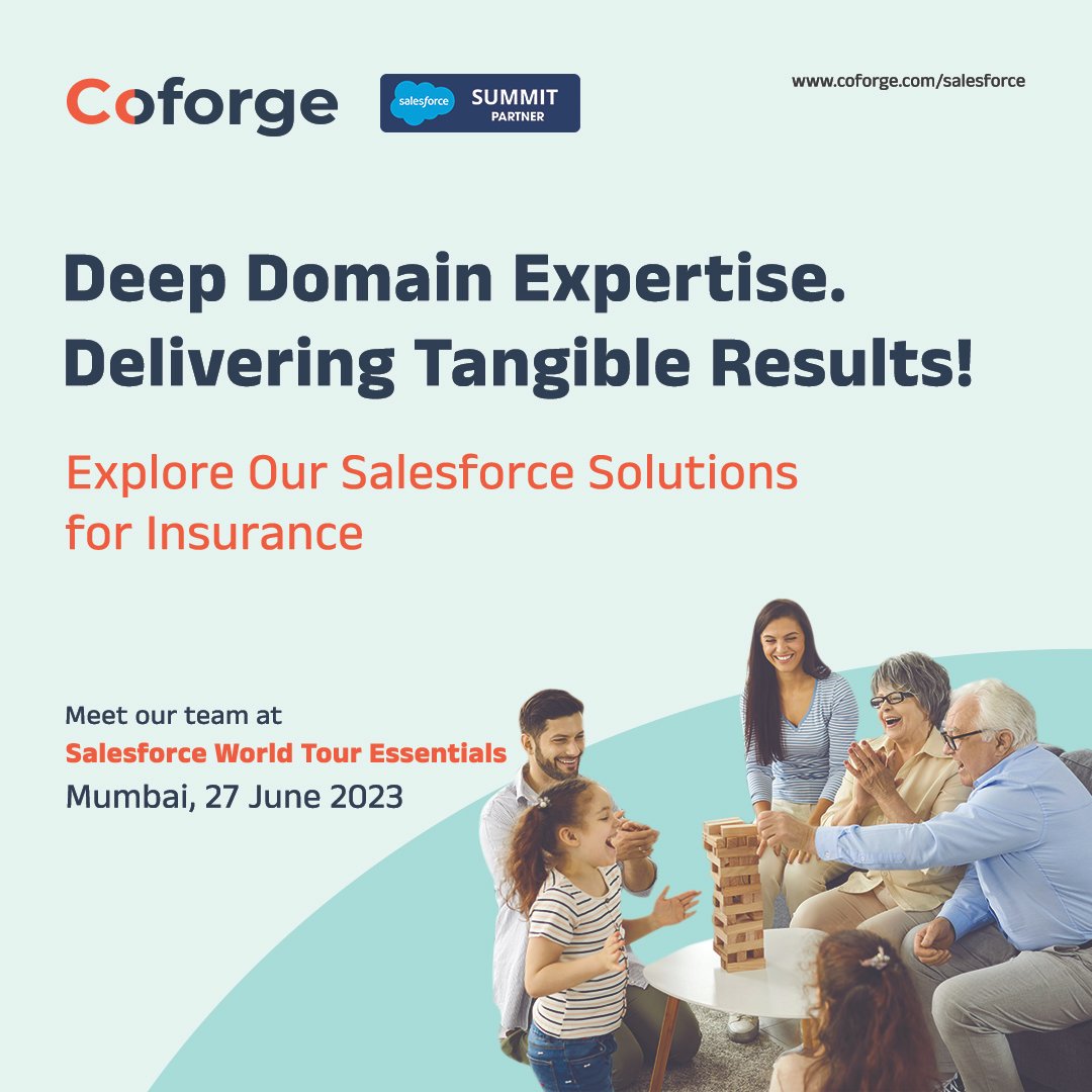 Coforge_Tech's tweet photo. Explore our #salesforcesolutions for Insurance, built on the back of our deep domain expertise. Meet us at Salesforce World Tour Essentials, in Mumbai, and let’s talk #InsureTech https://t.co/EHe5IMeLPf

#coforge #insurancesolutions #salesforceplatform https://t.co/d03vNacof4