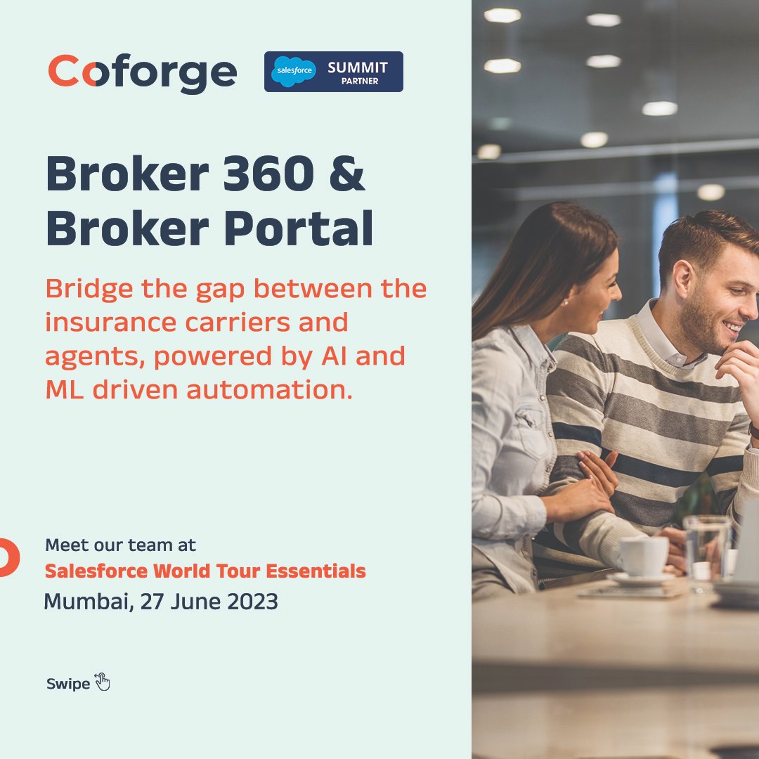 Coforge_Tech's tweet photo. Explore our #salesforcesolutions for Insurance, built on the back of our deep domain expertise. Meet us at Salesforce World Tour Essentials, in Mumbai, and let’s talk #InsureTech https://t.co/EHe5IMeLPf

#coforge #insurancesolutions #salesforceplatform https://t.co/d03vNacof4