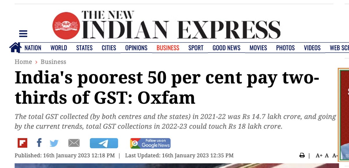 Time to put to end this Soros funded Oxfam spread canard that poor people pay more GST.

GST has been designed to give poor people relief. Let me prove it.

The poorest 12 states are home to 50% Indians. They paid only 23.8% of GST in April. So the richest 50% states paid 76%…