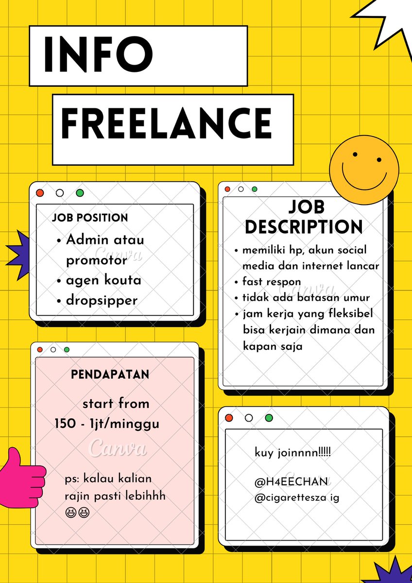 panggilan buat kalian yang pengen nyari tambahan uang jajan dan pengen beli wishlist 🗣️🗣️🗣️
KUYYY JOIN FREELANCE!!!!

kerjanya gampang banget lohh dan ga ada batasan umurrr 
pelajar SMP/SMA/SMK 
fresh graduate
mahasiswa
semuanya bisaaa!!

#freelance #zonauang #WFH #infofreelance