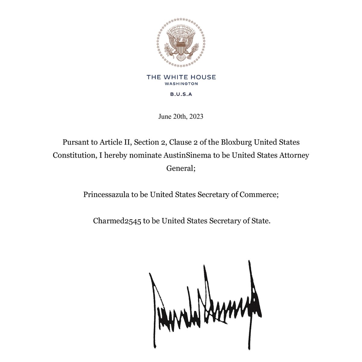 I hereby send the following nomination to the United States Senate.