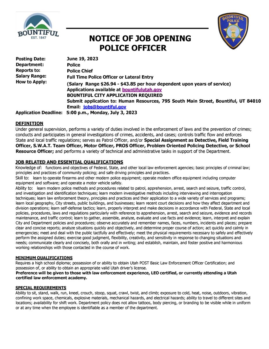 bountifulcityPD's tweet photo. We've got an opening for a police officer position.  See the attached posting and go to-https://t.co/vI9UMdY6OT https://t.co/ZE7AU2iCui