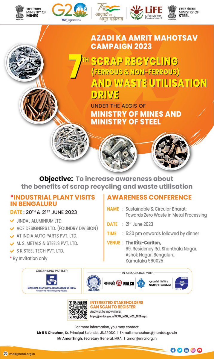 Join Us for @mrai_india @JnarddcMines @MinesMinIndia & @SteelMinIndia's jointly organized
@AmritMahotsav Campaign 2023's 7th Awareness Conference & Industrial Plant Visits in Bengaluru.

#RegisterNow: docs.google.com/forms/d/e/1FAI…

#AKAMConference #MRAIEvent #RecyclingConference