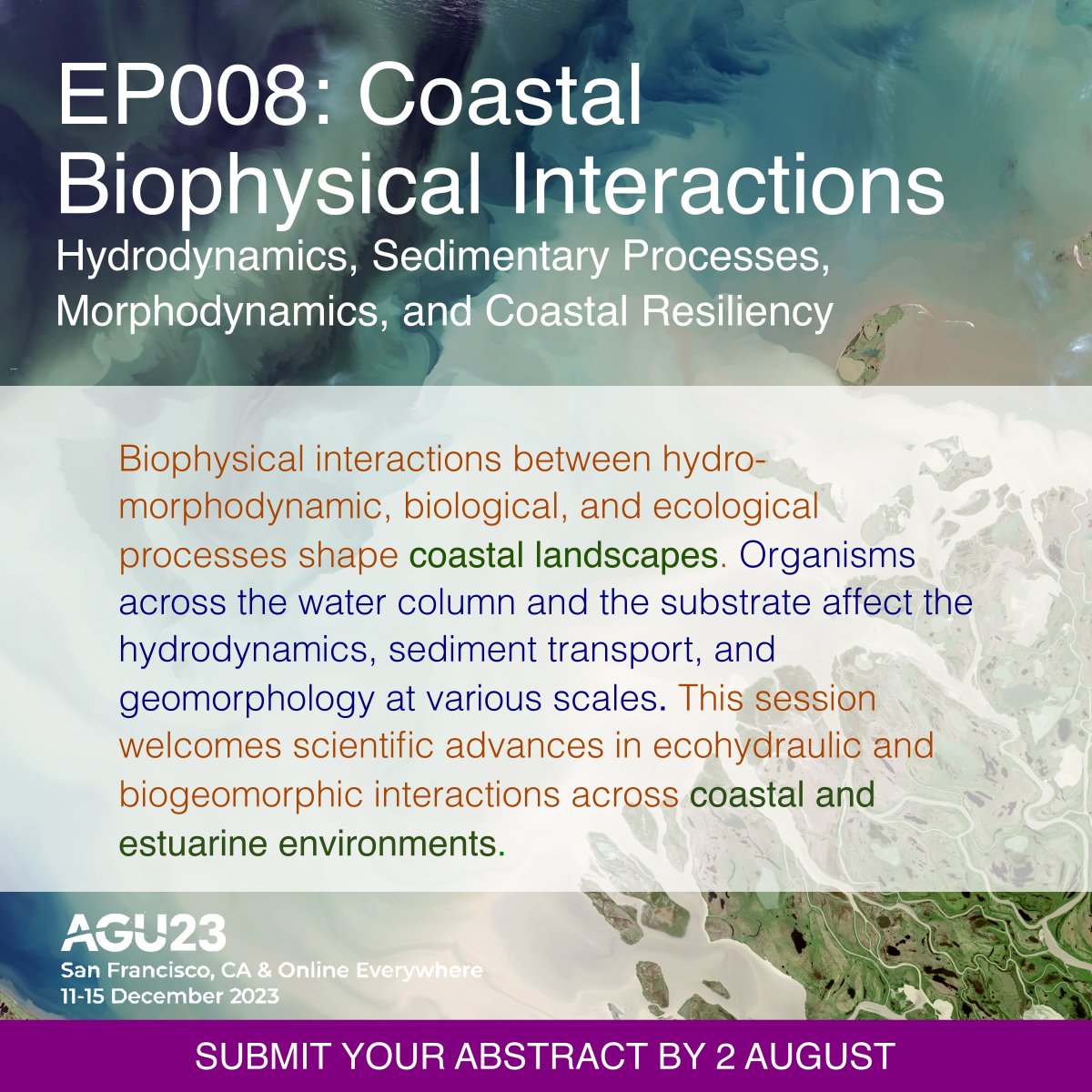 🌿🦐🪱🐟🐚🪸☁️🌊
Living 'things' shaping coastal 'things'...

Share your work in our session EP008 Coastal Biophysical Interactions @theAGU 
🗓️ Submit your abstract by 3 August! #AGU23 
👉 agu.confex.com/agu/fm23/preli…

@mbru42 @Salty_Serina @estuarinehydro