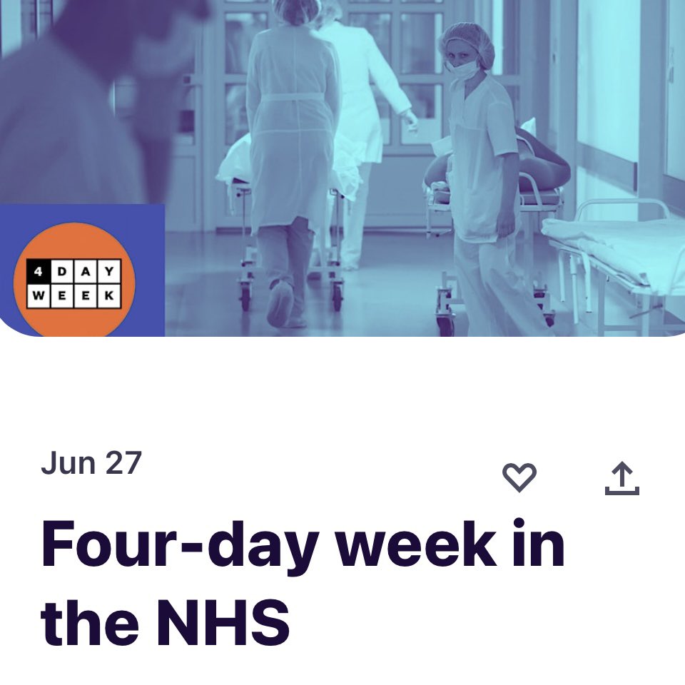 4Day_Week's tweet image. Chronic staff shortages are crippling the NHS. Those who remain are stressed and overworked.

It’s time to do things differently.

It’s time for a 4-day week in the NHS. ⏰ 

Join us on JUNE 27th at an online event to discuss how and why it will work.

#4DayWeek