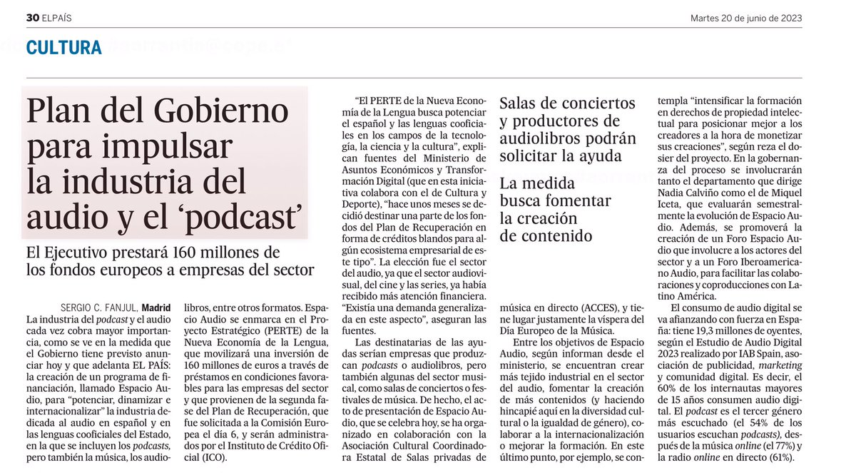 🎧 #EspacioAudio así se llama el programa de financiación incluido en el plan que el Gobierno anunciará hoy y que impulsará la industria del #audio y del #podcast:

⏯ 160M de los fondos europeos.
⏯ Objetivos: crear tejido industrial, generar contenido y mejorar la formación.