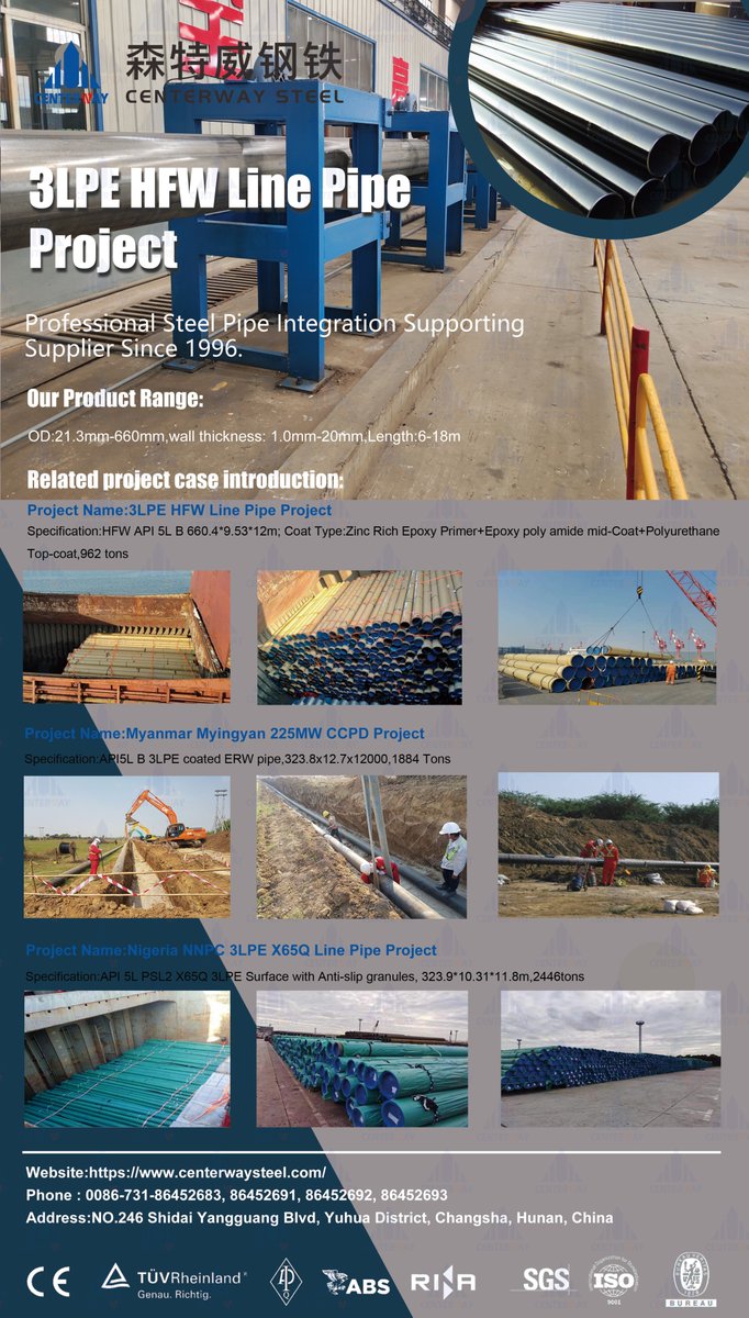 Centerway_Steel's tweet image. 3LPE HFW linepipe for project requirement.
Projects located in Myanmar, Nigeria. welcome to contact us request price. #steelpipe #linepipe #3lpesteelpipe
email: sales@centerwaysteel.com