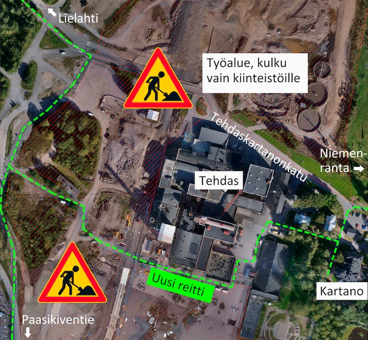 Juhannuksen jälkeen liikkuminen Hiedanrannassa muuttuu. Tehdaskartanonkadulla tehdään tietöitä ja samalla avataan uusi pyöräilyn ja jalankulun yhteys, jonka kautta kulkee turvallisimmin kartanon alueelle.

#hiedanranta #liikenne