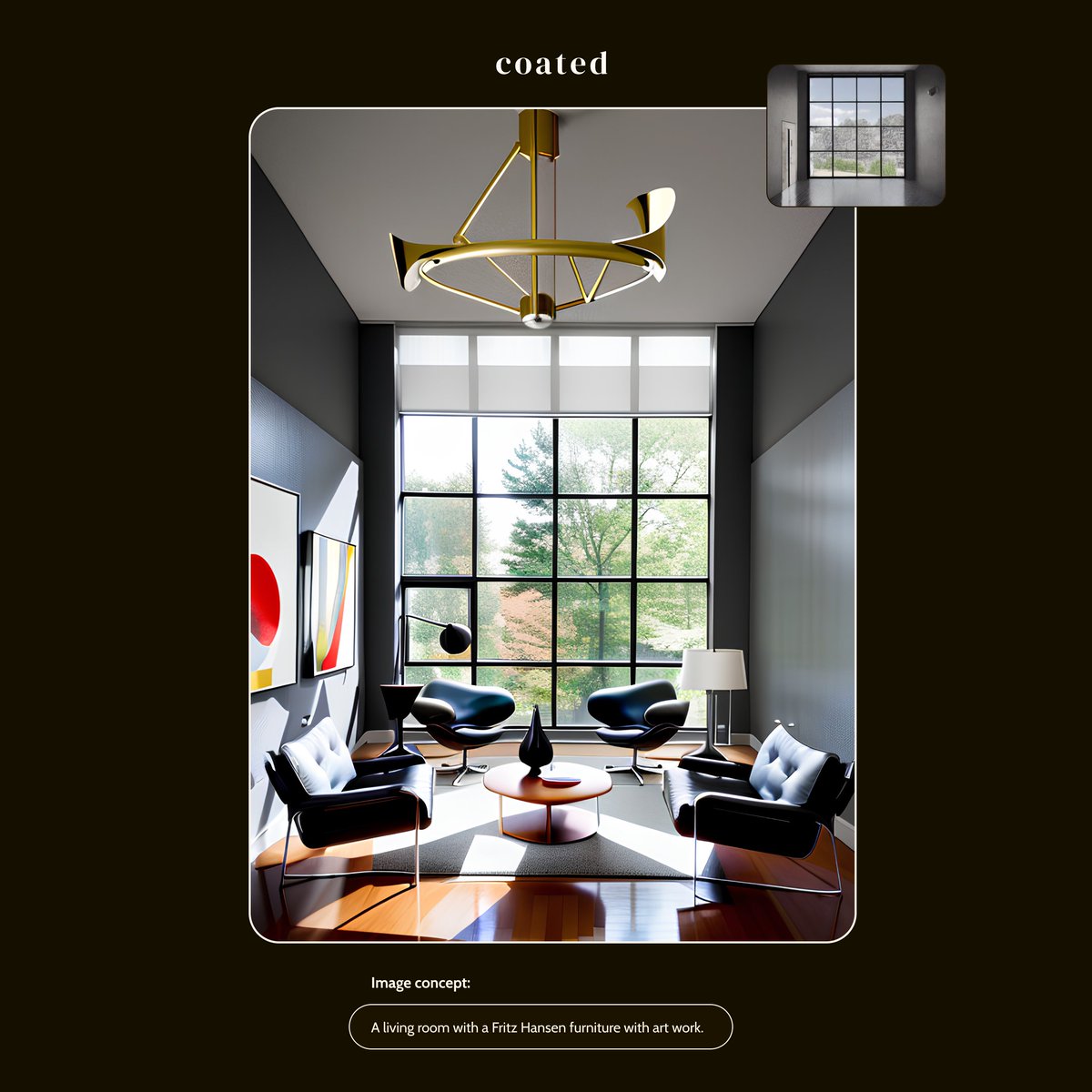 Crafting dreams in wood, leather, metals, and glass: 
a modernist's palette.  

AI Interior Design with <a href="/usecoated/">Coated</a>🖼️