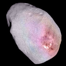 Plutoliveshere's tweet photo. My moon #Nix, discovered 6-15-2005, has a distinctive, red-tinged crater. Nix is only about 49.8 km x 33.2 km x 31.1 km, but the crater is huge at 18 km across! It was the type of impact that would either make her or break her...😱#GoNix #Space https://t.co/Ie4JMj7bPR https://t.co/NvYL7Z5Yes