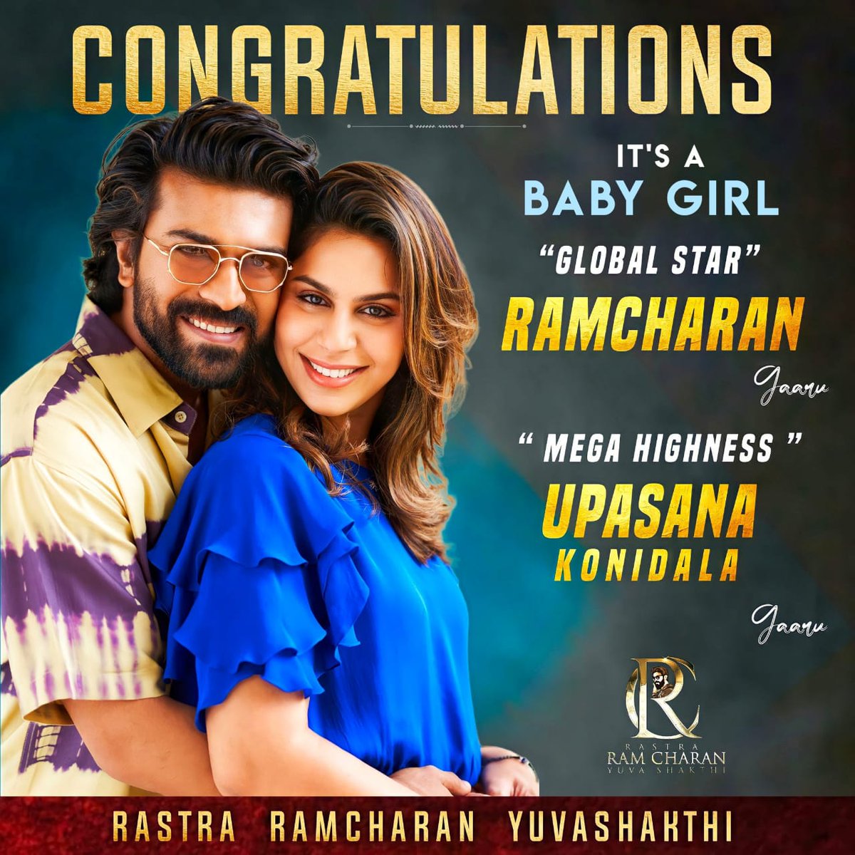 The mega power couple @AlwaysRamCharan & @upasanakonidela welcomed their first born, the #MegaPrincess, in the early hours of Tuesday.

#RamCharan #Upasana #GlobalStarRamCharan #GameChanger