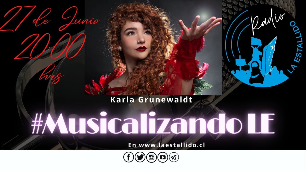 LaEstallidoRad's tweet photo. El próximo 27 de Junio, tenemos una invitada, muy especial...
@KarlaGrunewaldt se viene al #MusicalizandoLE en #LaEstallido
Se escucha en nuestro web https://t.co/GKahFlDmlo o en la app:
https://t.co/cQ3ZvwCAc5
Desde las 20:00 hrs. https://t.co/lmcN4zERoe