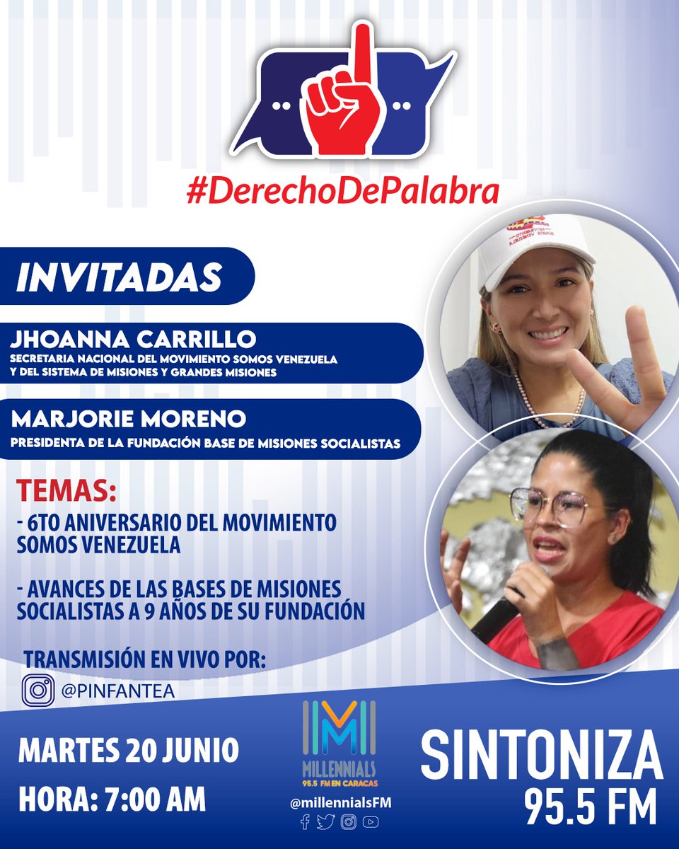 #Entérate || Mañana martes a las 7 AM por el Programa #DerechoDePalabra, se comunicara la Secretaria Nacional 𝗝𝗵𝗼𝗮𝗻𝗻𝗮 𝗖𝗮𝗿𝗿𝗶𝗹𝗹𝗼 y hablara un poco del 𝗠𝗼𝘃𝗶𝗺𝗶𝗲𝗻𝘁𝗼 𝗦𝗼𝗺𝗼𝘀 𝗩𝗲𝗻𝗲𝘇𝘂𝗲𝗹𝗮 y de sus desafíos.  

#19Jun #ConMaduroPalante

📍  También