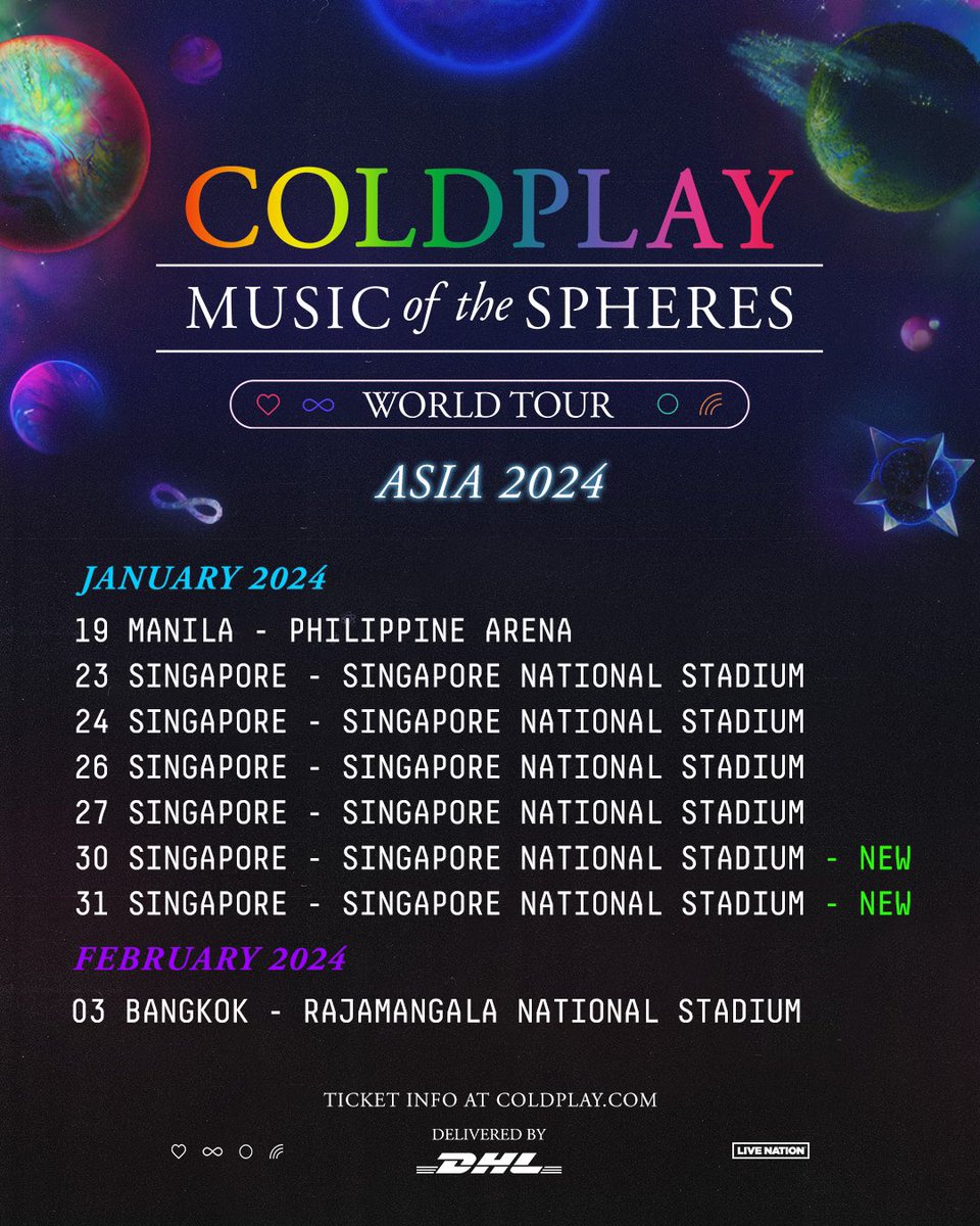 Due to incredible demand, a SIXTH Singapore National Stadium show has been added for Jan 31. Tickets on sale now at livenation.sg/artist-coldpla…