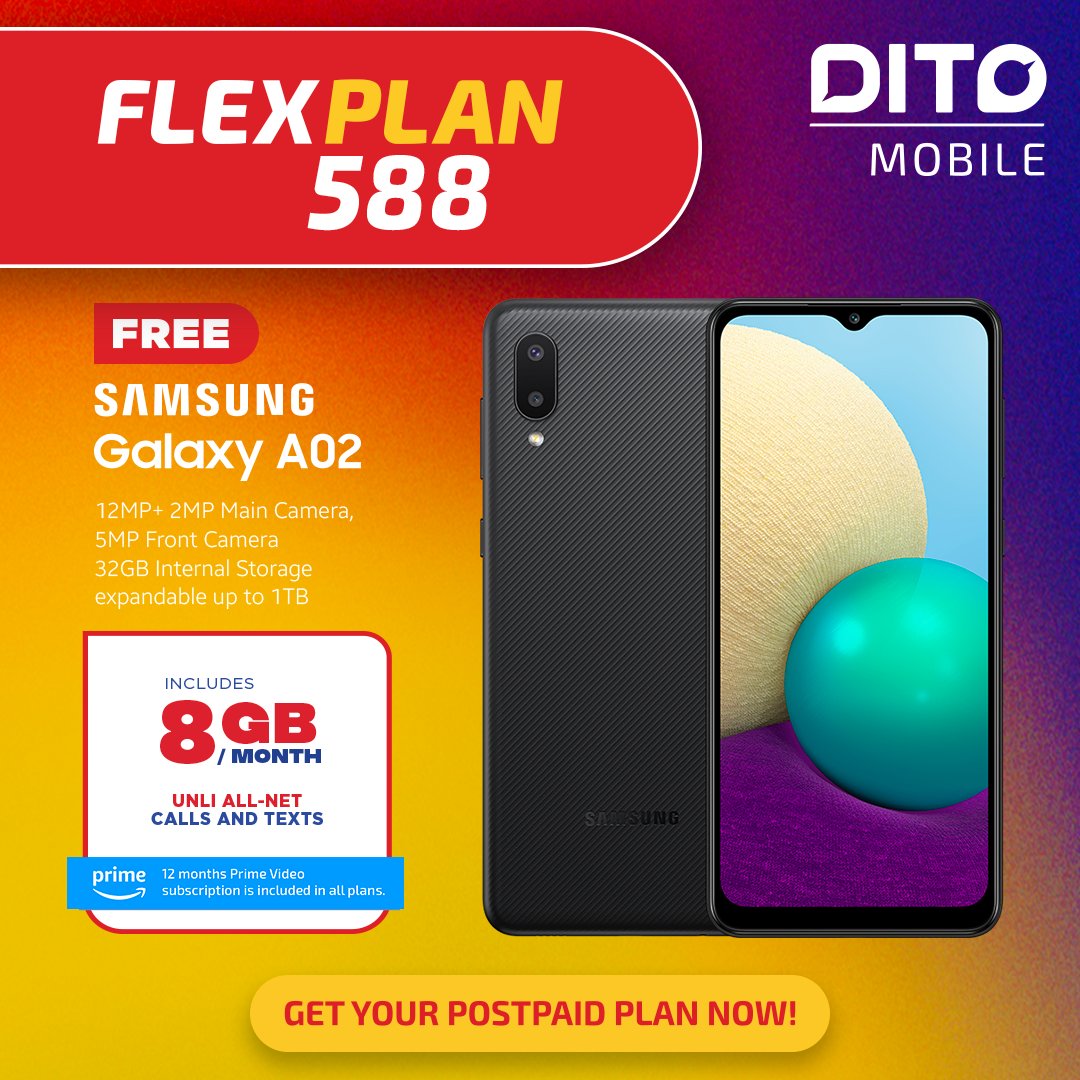 DITOphofficial's tweet photo. Unlock a new mobile experience and get a FREE Samsung Galaxy A02, 8GB DATA, UNLI All-Net Calls and Texts, plus 12 months of Prime Video subscription for as low as P588/month!

Visit a DITO Experience Store and apply for a DITO Mobile Postpaid FLEXPlan now! https://t.co/RrDoacK3a3