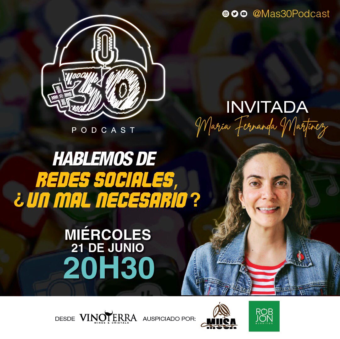 Mas30PodCast's tweet photo. Miércoles 21 de junio, 20:30 hablaremos de:

“Redes sociales, un mal necesario?”

En vivo desde VinoTerra en Plaza Navona.

➡️ https://t.co/zjb4xkLeyO 

Síguenos en YouTube y activa la 🔔 https://t.co/rJs1jAwsTI