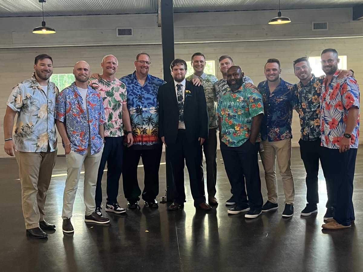 JoplinFootball's tweet photo. The coaching staff enjoyed celebrating @thedonarcher’s wedding this weekend. Congratulations, Coach Archer! 🌸🏝️🌼 https://t.co/sCZ5T2dtpr