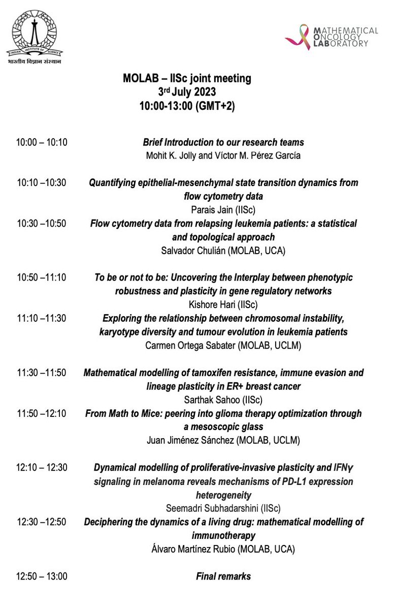 mkjolly15's tweet image. Thrilled to have a joint group meeting with @molab_uclm on July 3, sharing work on mathematical oncology being done in both our groups. Happy to have others interested join too; details given below. 

@SMBMathOnco @CompCellBio @mathoncbro @DynamicsLiving @biopatrika @rakeshthejoy