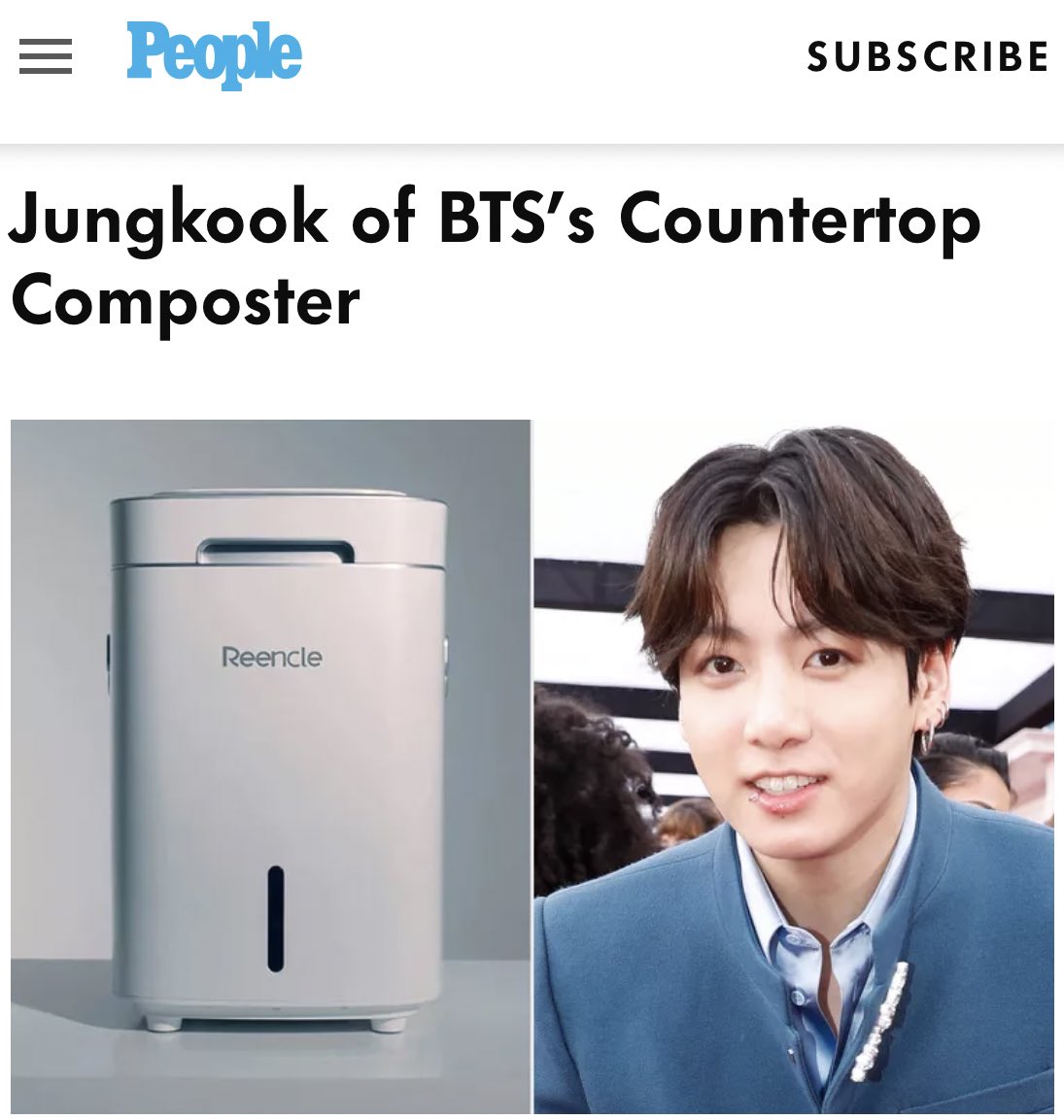 Asia_JK97's tweet photo. Jungkook headlines People Magazine's recommended home products by different celebrities.

• Jungkook's Countertop Composter
~ On a recent livestream, the K-pop superstar shared a look into his home kitchen, which has a Reencle Prime composter front &amp; center. https://t.co/Ycxb4NUbsc