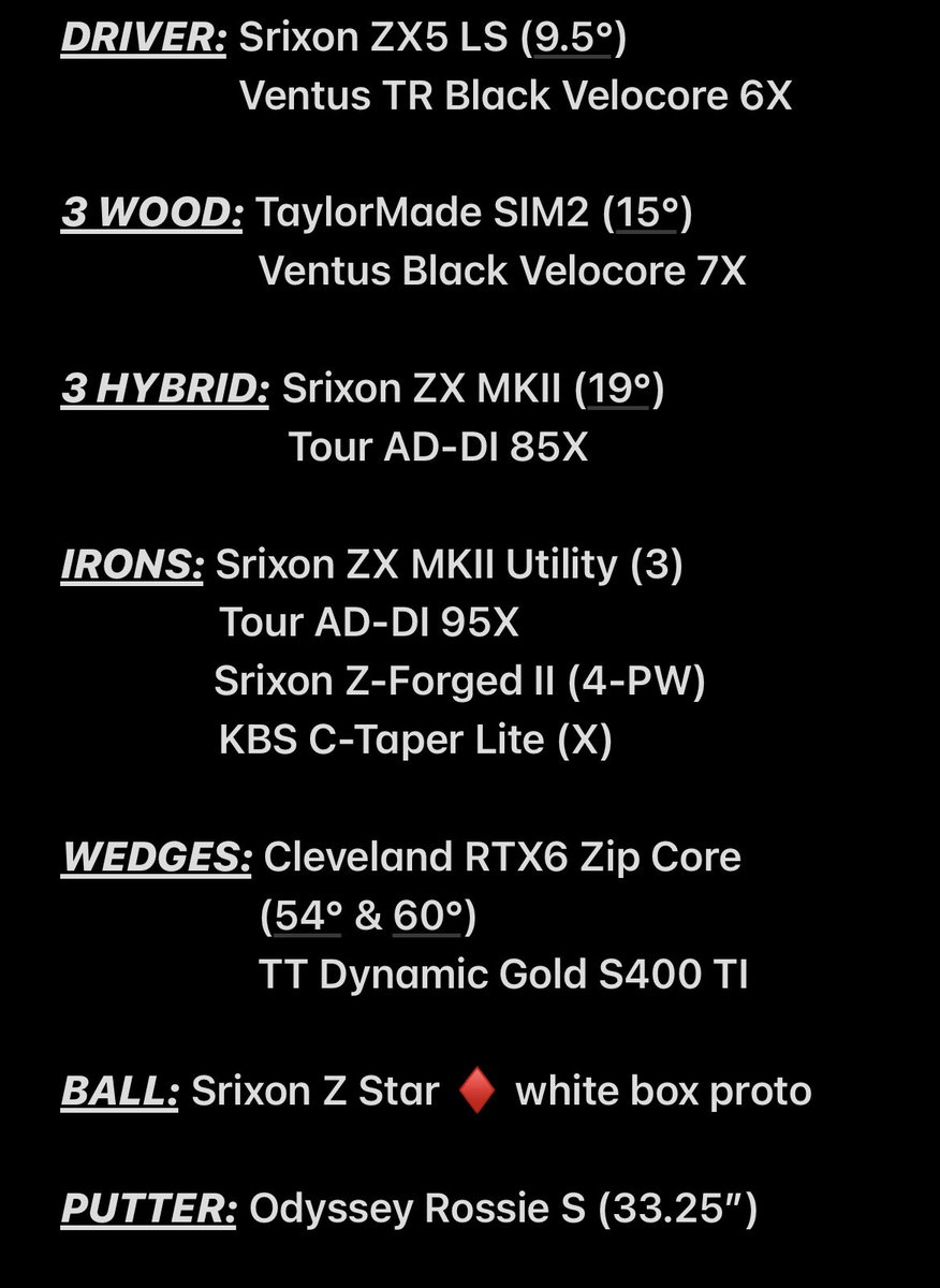ColePito's tweet image. Okay seriously, last post about not winning 😂 here’s a look at what was in the bag today @ Southern Pines GC! That ZX5 MKII LS driver was absolute money today! #TeamSrixon #golf #srixongolf #progolfer