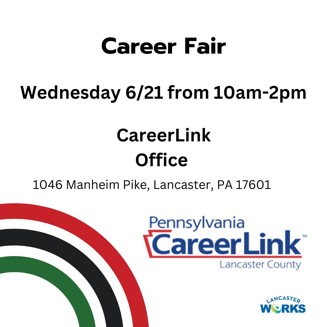 LancasterWorks's tweet photo. We hope to see you at the @PACareerLinkLC career fair this Wednesday, 6/21. from 10AM-2PM. Clerical, Technical, Professional and Entry-level candidates are encouraged to attend! https://t.co/8XL8dQK6Zc