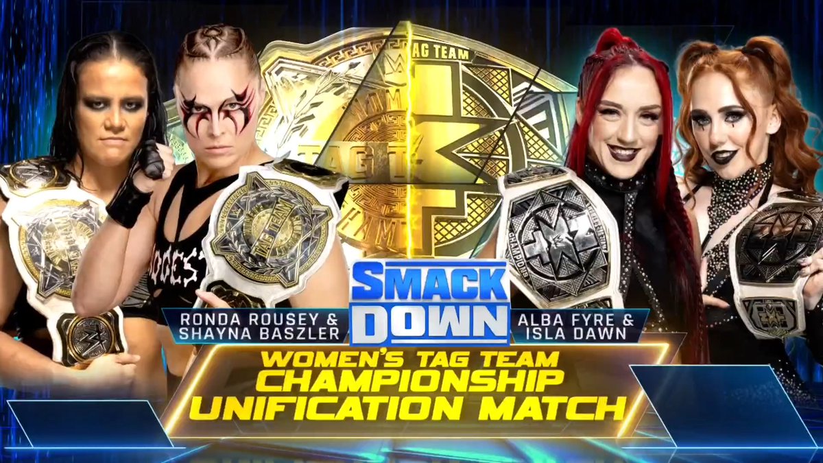 THIS FRIDAY on #SmackDown

Women's Tag Team Championship Unification Match
@RondaRousey & @QoSBaszler vs. @wwe_alba & @IslaDawn