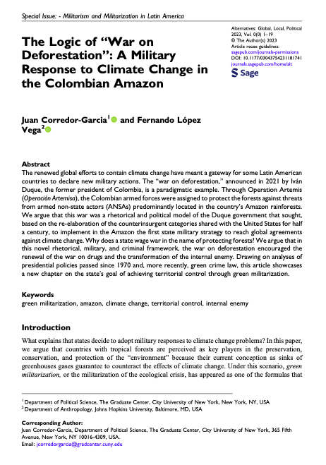 thuandavid10's tweet photo. 🚨 Just out!
Very excited to share a new publication (coauthored with @fernandolv) about the "war on deforestation", a novel example of the #GreenMilitarization in the #AmazonRainforest. 
What explains that states decide to adopt military responses to #ClimateChange problems? 
🧵 https://t.co/YyesOItGK3