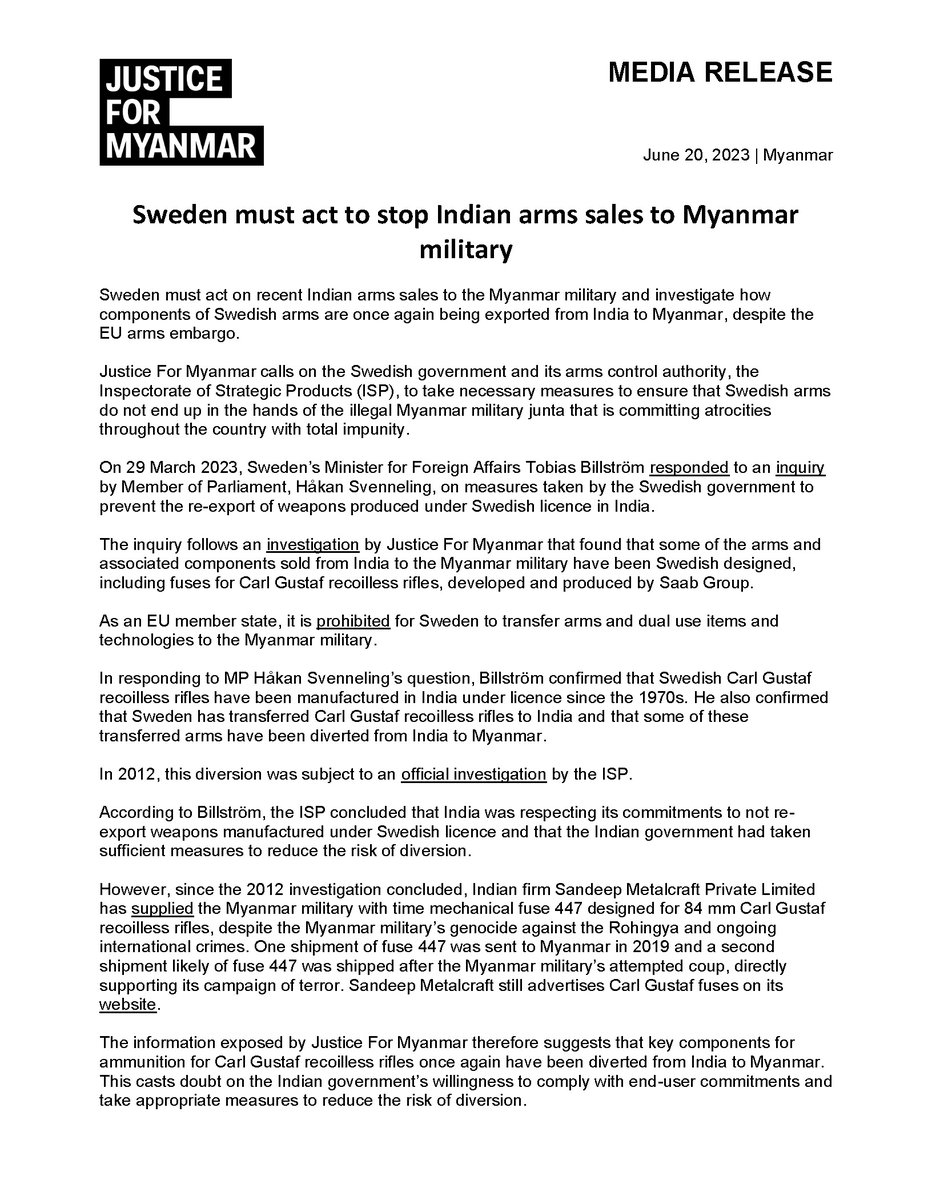 JusticeMyanmar's tweet photo. Press Release 📣 #Sweden must act to stop Indian arms sales to #Myanmar military &amp; investigate how components of Swedish arms are again being exported from India to Myanmar, despite arms embargo.

Read 👉🏽https://t.co/hwnEQZpWlF
B'ground 👉🏽https://t.co/NOXrEePmF2 @TobiasBillstrom https://t.co/Z545cQUEo4