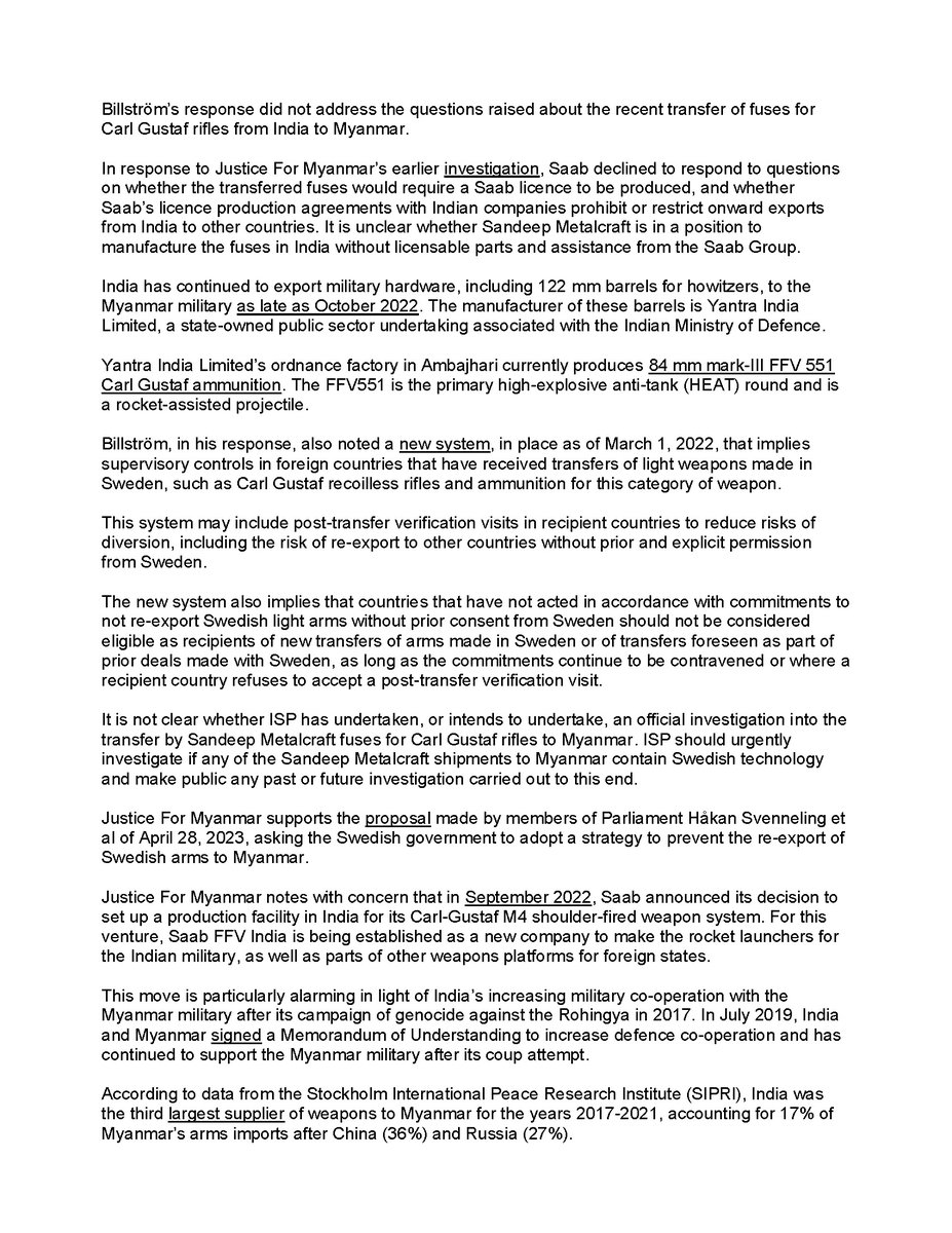 JusticeMyanmar's tweet photo. Press Release 📣 #Sweden must act to stop Indian arms sales to #Myanmar military &amp; investigate how components of Swedish arms are again being exported from India to Myanmar, despite arms embargo.

Read 👉🏽https://t.co/hwnEQZpWlF
B'ground 👉🏽https://t.co/NOXrEePmF2 @TobiasBillstrom https://t.co/Z545cQUEo4