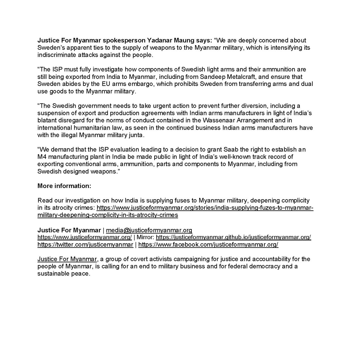 JusticeMyanmar's tweet photo. Press Release 📣 #Sweden must act to stop Indian arms sales to #Myanmar military &amp; investigate how components of Swedish arms are again being exported from India to Myanmar, despite arms embargo.

Read 👉🏽https://t.co/hwnEQZpWlF
B'ground 👉🏽https://t.co/NOXrEePmF2 @TobiasBillstrom https://t.co/Z545cQUEo4