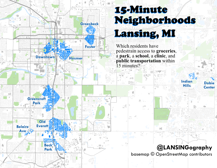15-min neighborhood: can you meet your needs near your home? Want to grab pączki from QD/Strange Matter? 👍🏼Need groceries or a snack? Just a stone's throw.

Who can walk to school? And who is locked behind a 🚗 paywall?
lansingography.com/2023/06/lansin…

#15minutecity  #LoveLansing