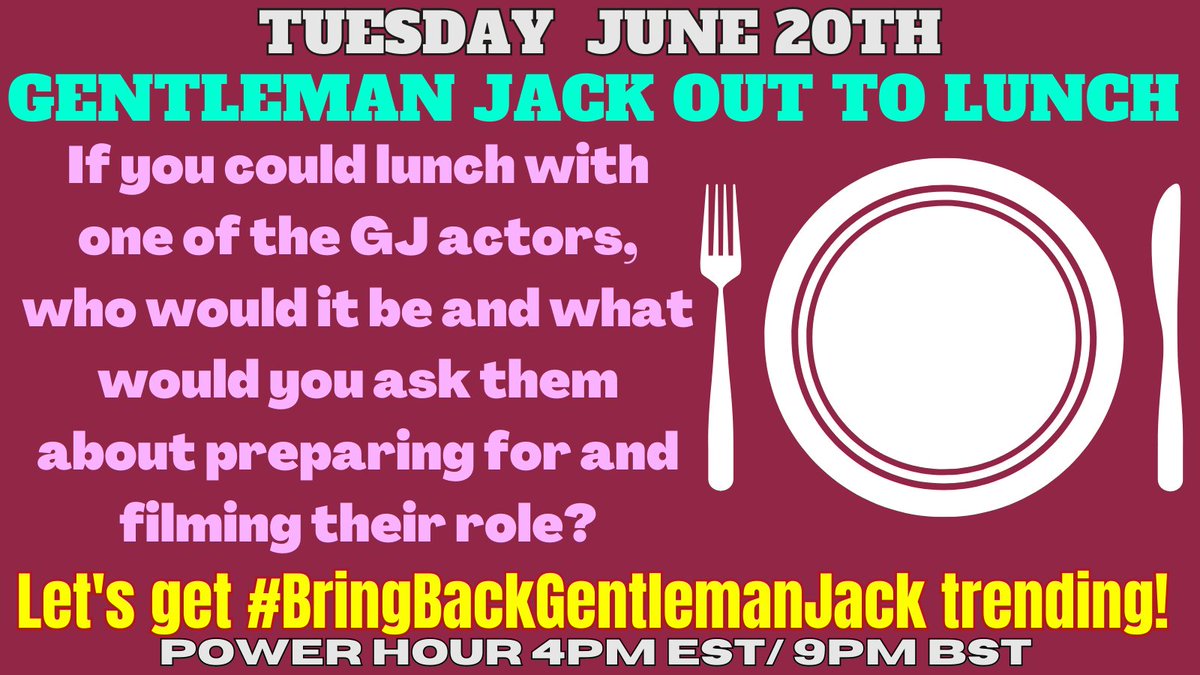 SGJCampaign's tweet photo. TUESDAY: Get your questions ready… It’s lunchtime with the cast of Gentleman Jack!

#BringBackGentlemanJack @BBC @LookoutPointTV @HISTORY @AETV @PBS

Thanks @sgsobczak for the theme suggestion! ❤️ https://t.co/Xys8Y12rfq